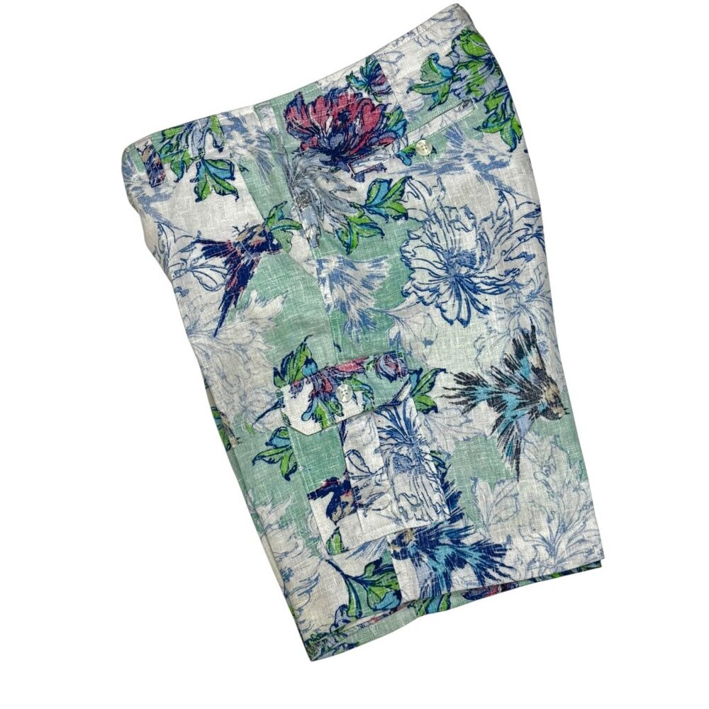 Azulu Multi Color Tropical Print 100% Linen Cargo Shorts - Picture 11 of 11